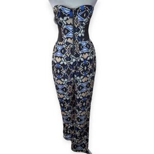 GEOMETRIC BLUE, BLACK, & WHITE STRAPLESS JUMPSUIT SZ.M EUC